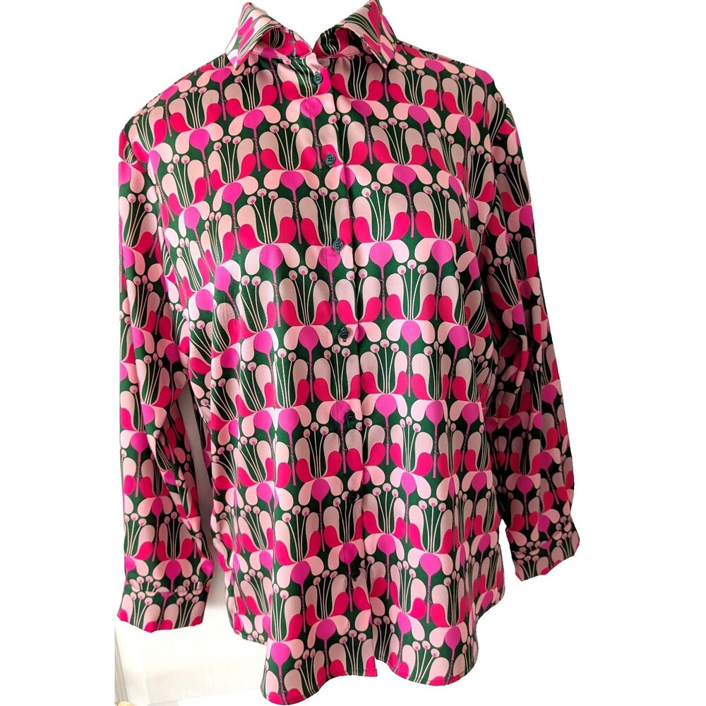 PINKO Womens Sz 6 IT 42 Graphic Floral Twill Shirt Blouse Pink Emerald Green NWO